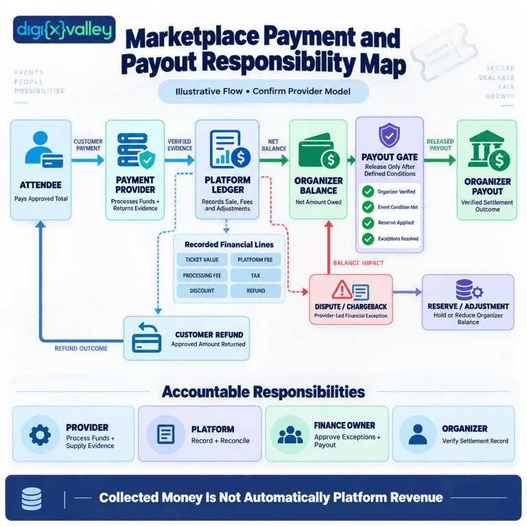 Event ticketing marketplace payment refund and payout responsibility map