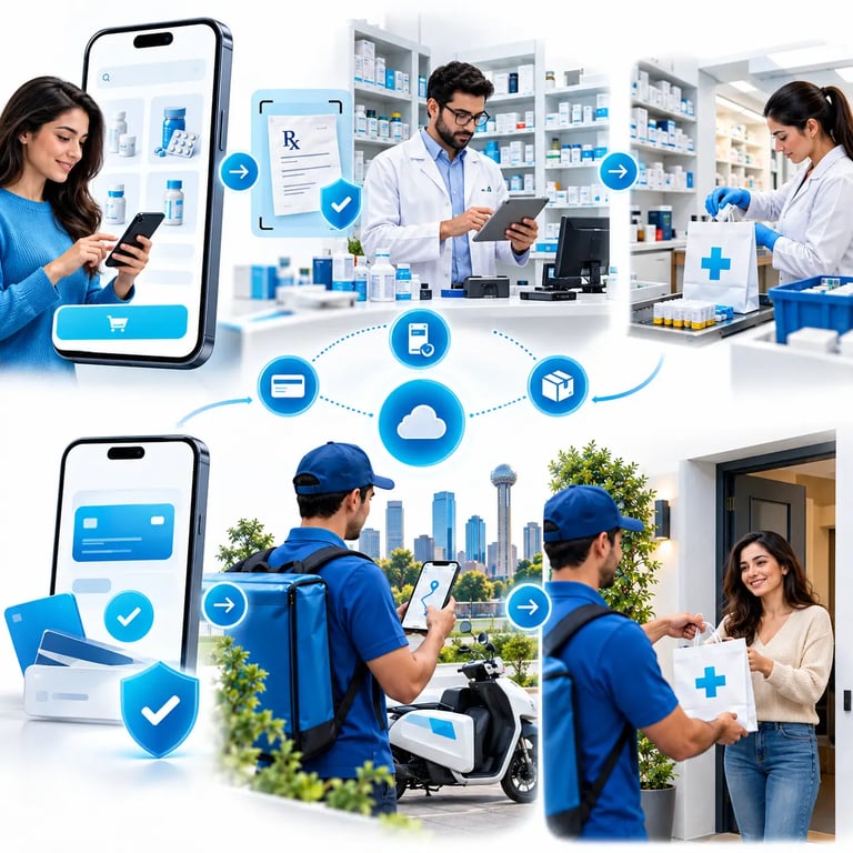 Medicine delivery app workflow connecting customers, pharmacies, prescriptions, payments and delivery.