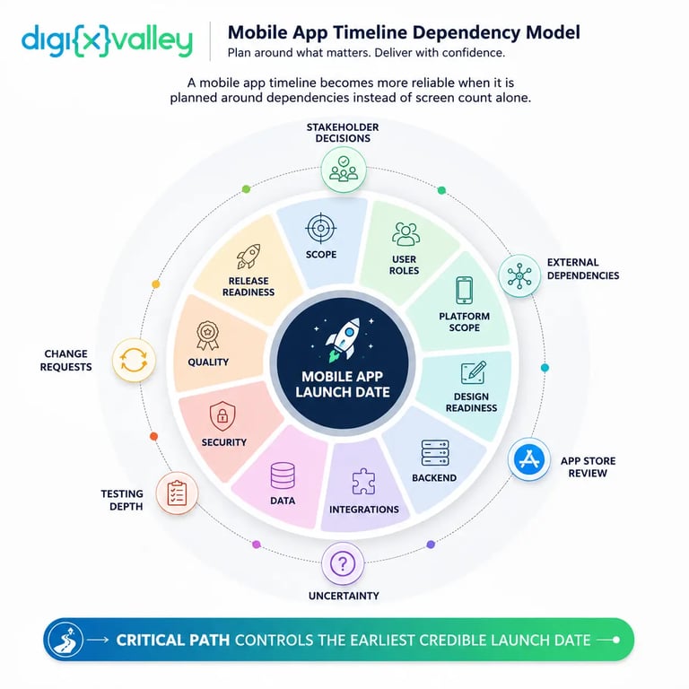 Mobile App Timeline Dependency Model by Digixvalley showing how scope, backend, integrations, testing, security, and critical-path dependencies determine a mobile app launch date.