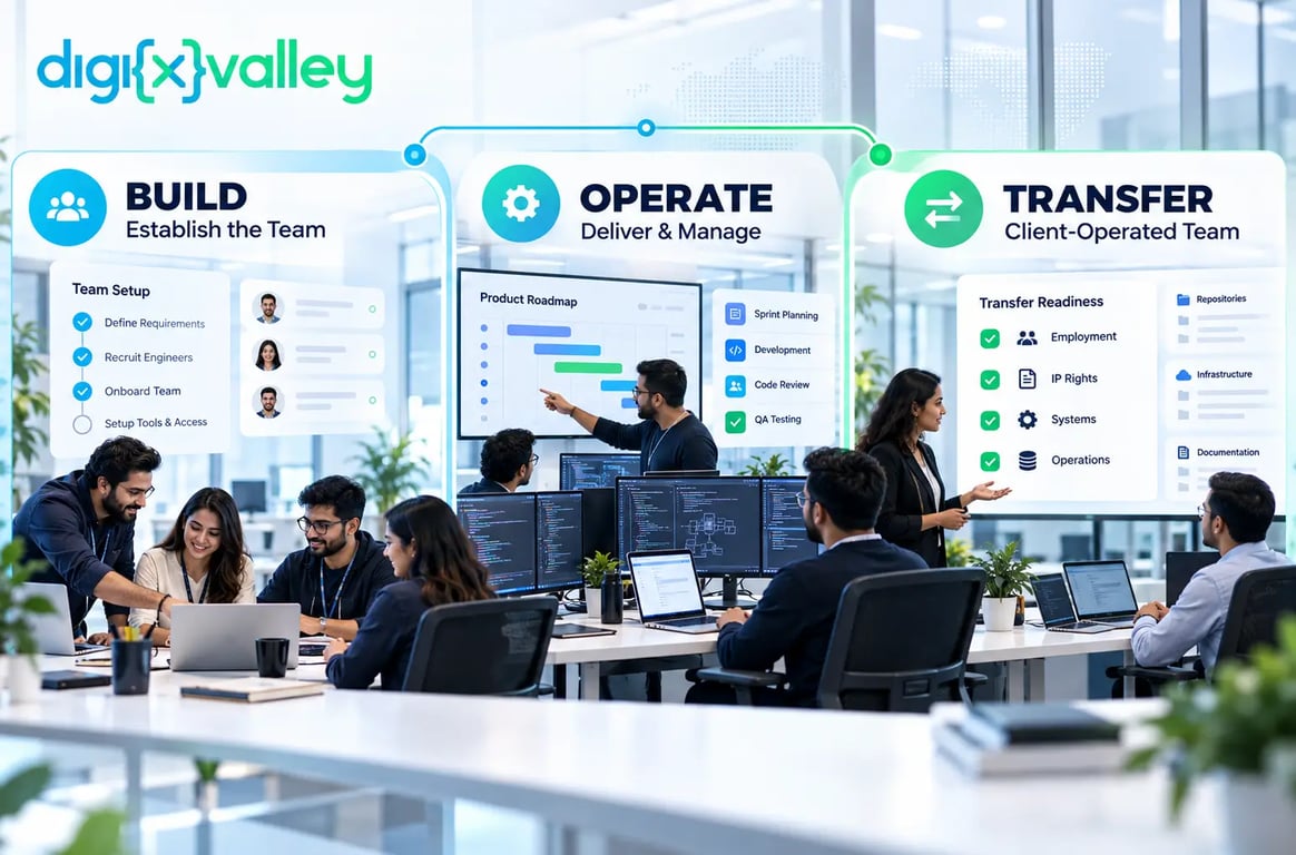 Build-operate-transfer software development model showing engineering team setup, managed operations, and client handover.