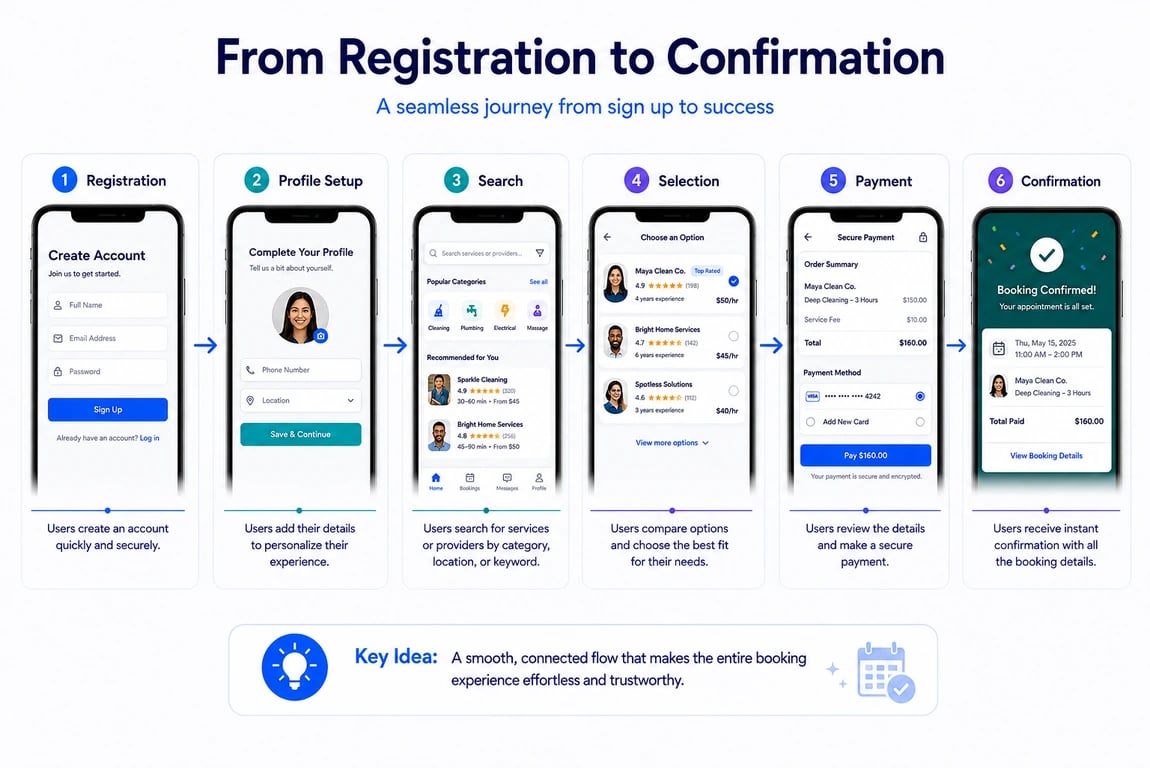 Mobile app user journey from registration and profile setup to search, selection, payment, and confirmation
