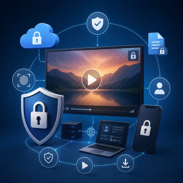 Secure creator media delivery showing watermarks, expiring access, protected streaming, device limits, access controls and leak monitoring