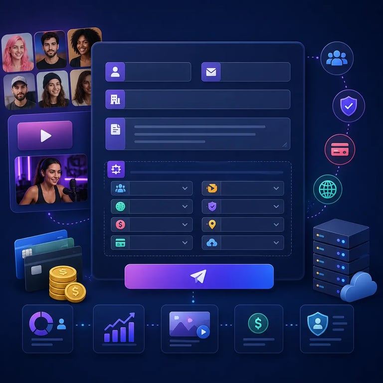 Creator subscription platform planning interface showing creator categories, content model, monetisation, verification, moderation, payments, payouts, media and launch requirements