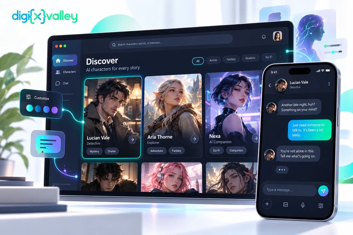 Concept design of an AI character chat application with character discovery and messaging interfaces
