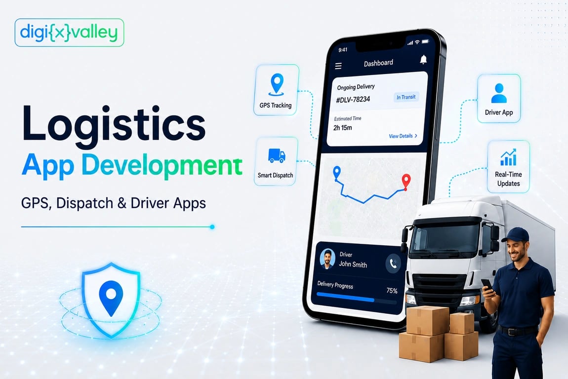 Logistics app development banner showing GPS tracking, smart dispatch, driver app, real-time delivery updates, truck, courier, and mobile delivery dashboard