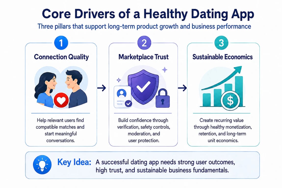 Core drivers of a healthy dating app: connection quality, marketplace trust, and sustainable economics.