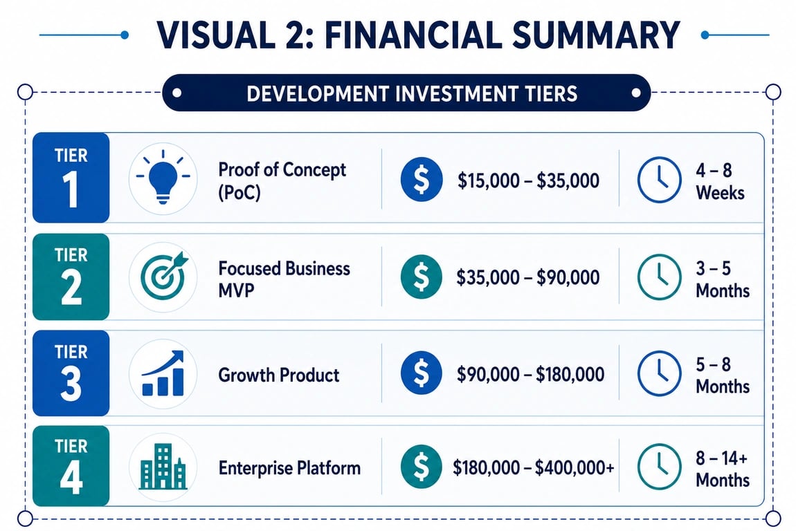 AR/VR development investment tiers showing project costs and timelines for proof of concept, MVP, growth product, and enterprise platform.