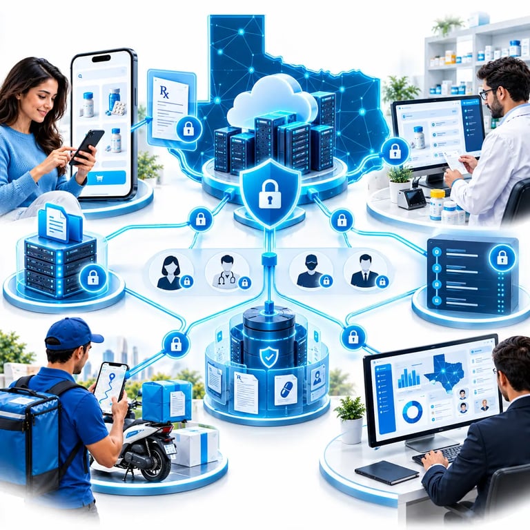 Security and compliance architecture for a medicine delivery app operating in Texas.