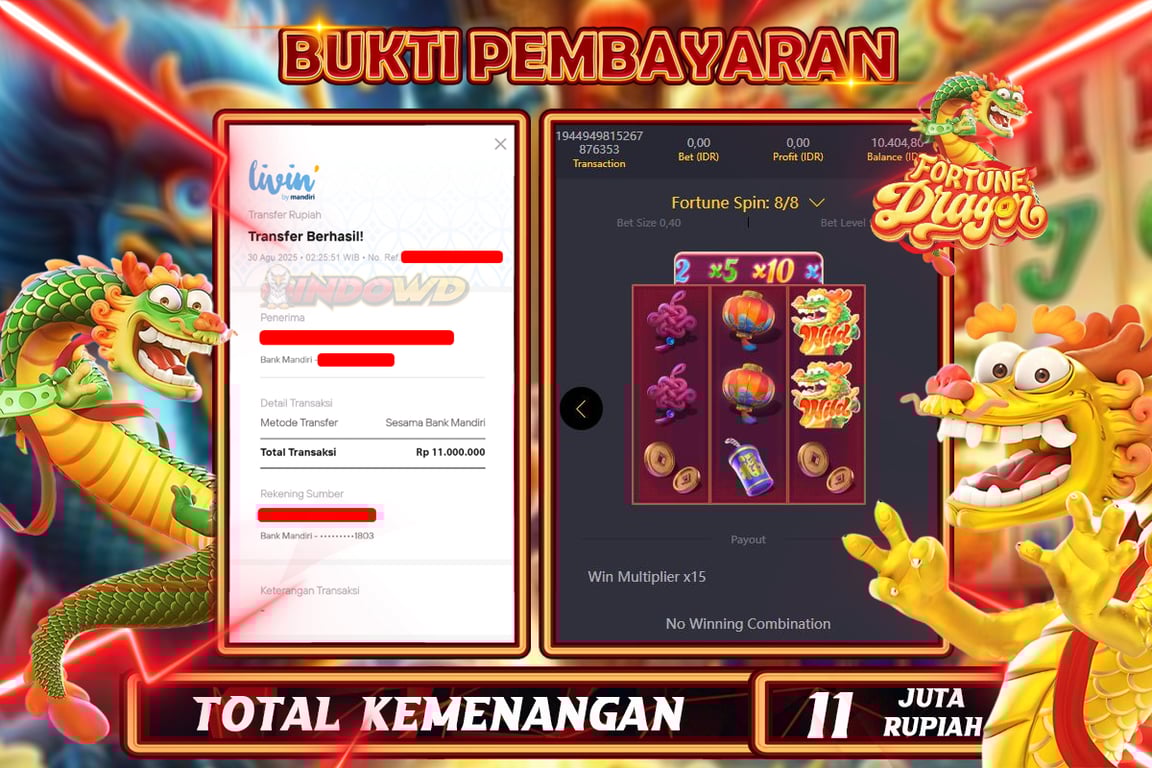 INDOWD JACKPOT SLOT FORTUNE DRAGON Rp11.000.000,- LUNAS