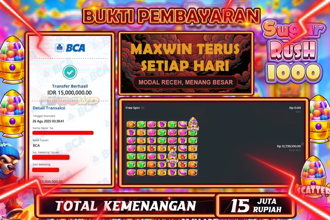 INDOWD JACKPOT SLOT SUGAR RUSH 1000 Rp15.000.000,- LUNAS