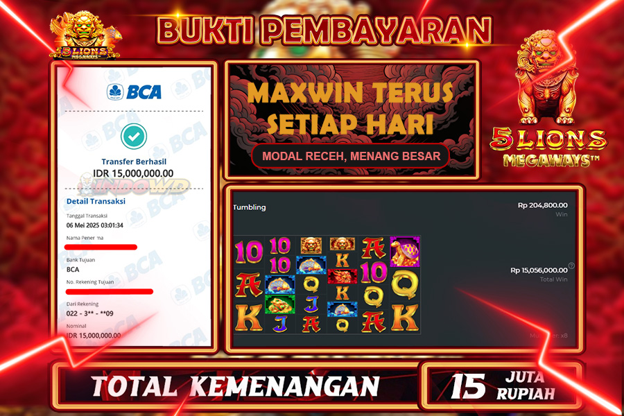INDOWD JACKPOT SLOT 5 LIONS MEGAWAYS Rp15.000.000,- LUNAS