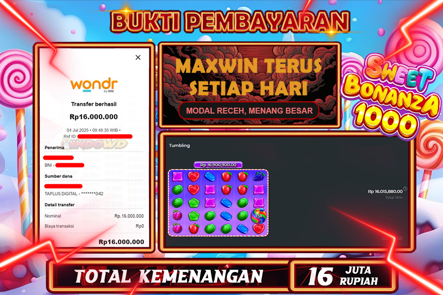INDOWD JACKPOT SLOT SWEET BONANZA 1000 Rp16.000.000,- LUNAS