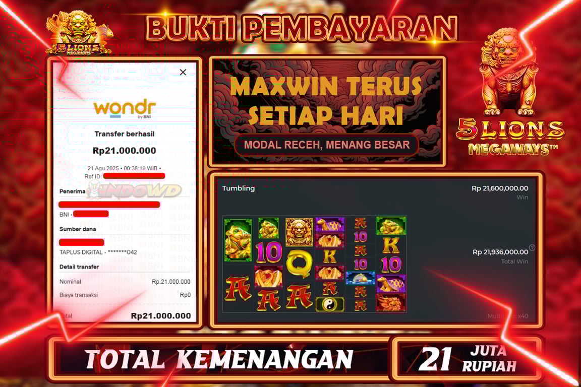 INDOWD JACKPOT SLOT 5 LIONS MEGAWAYS Rp21.000.000,- LUNAS