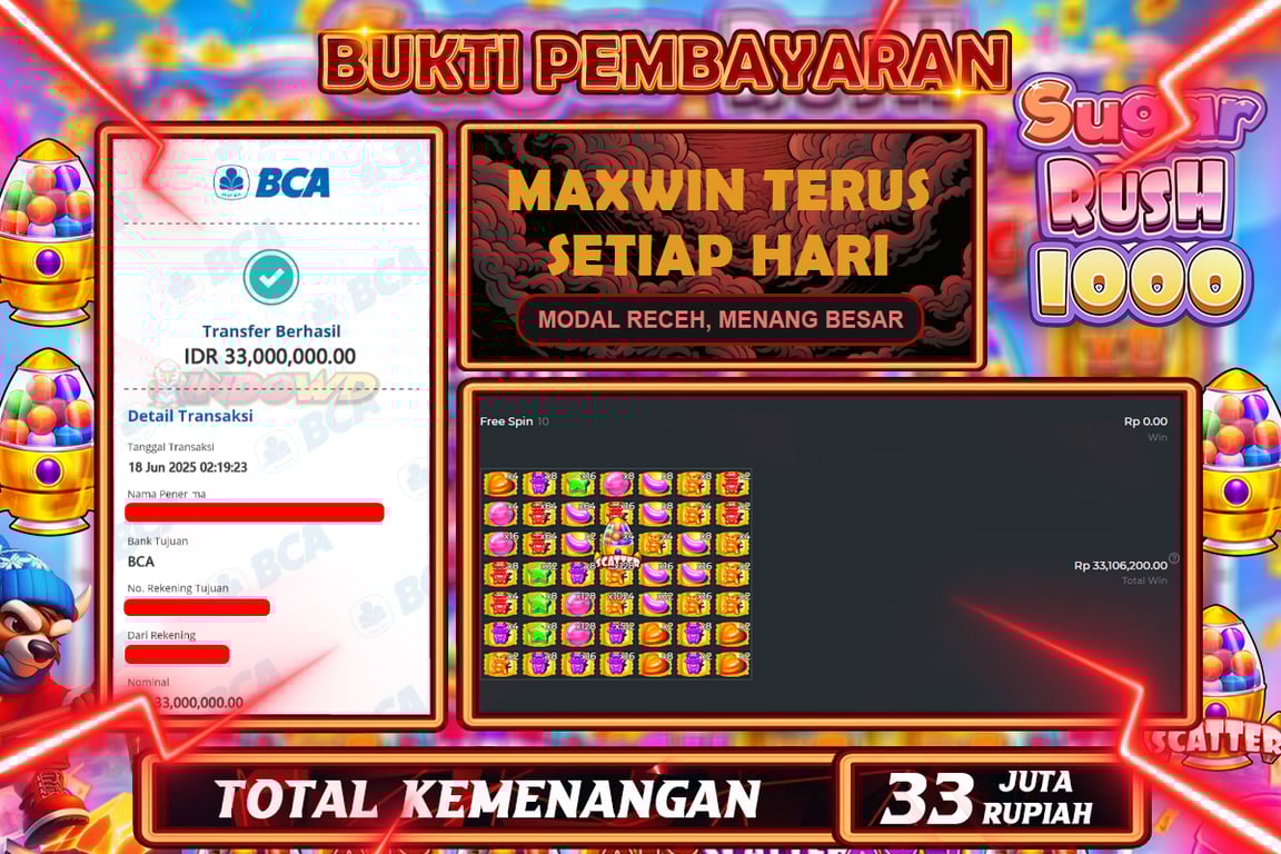 INDOWD JACKPOT SLOT SUGAR RUSH 1000 Rp33.000.000,- LUNAS