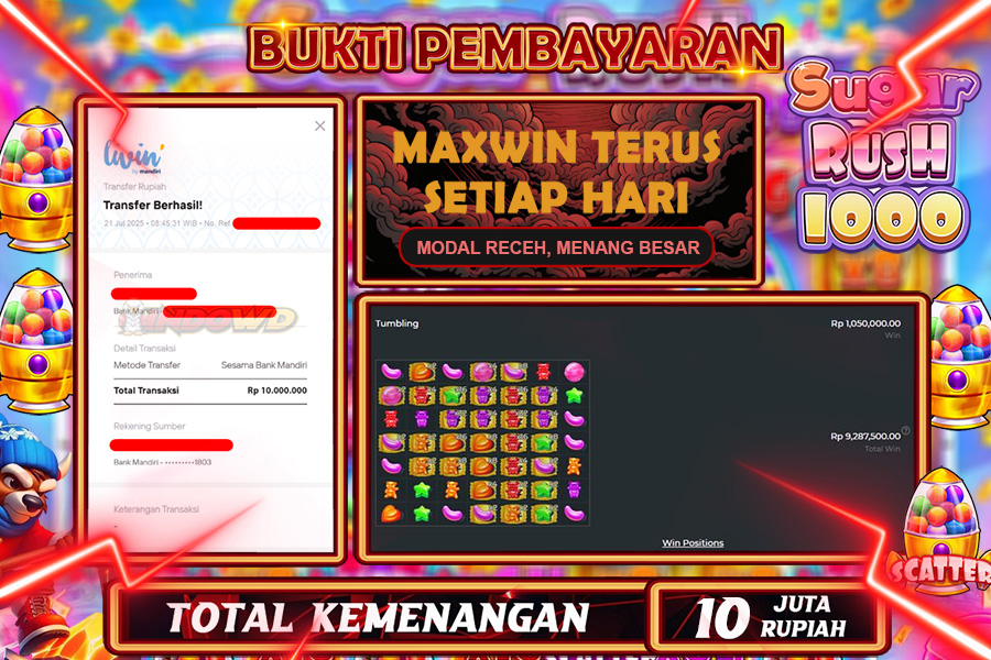 INDOWD JACKPOT SLOT SUGAR RUSH 1000 Rp10.000.000,- LUNAS