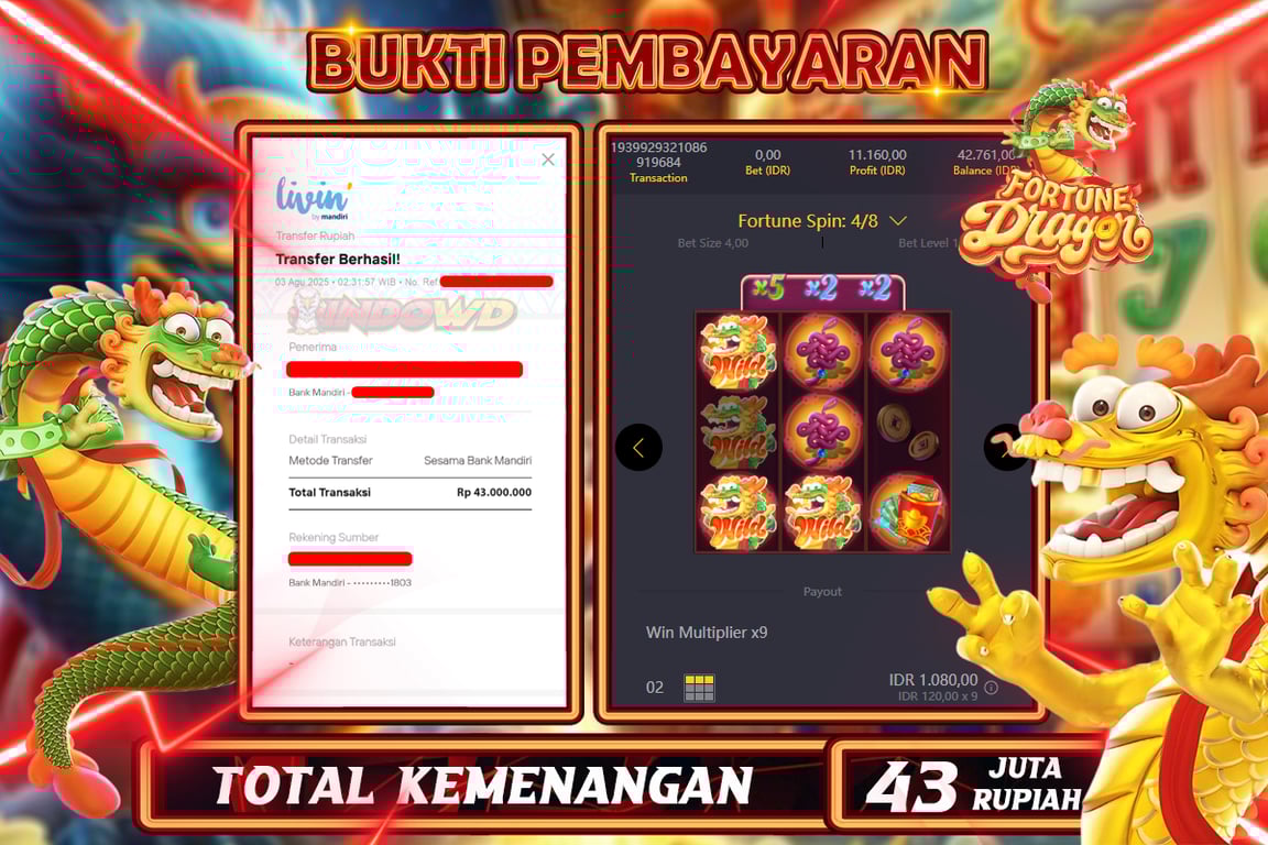 INDOWD JACKPOT SLOT FORTUNE DRAGON  Rp43.000.000,- LUNAS