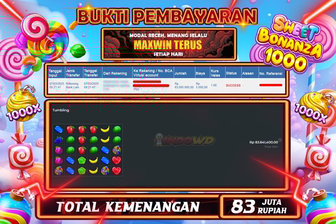 INDOWD JACKPOT SLOT SWEET BONANZA 1000 Rp83.100.000,- LUNAS