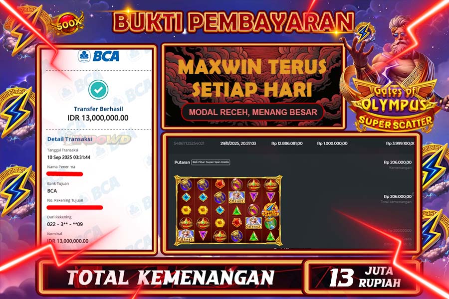 INDOWD JACKPOT SLOT GATE OF OLYMPUS SUPER SCATTER Rp13.000.000,- LUNAS