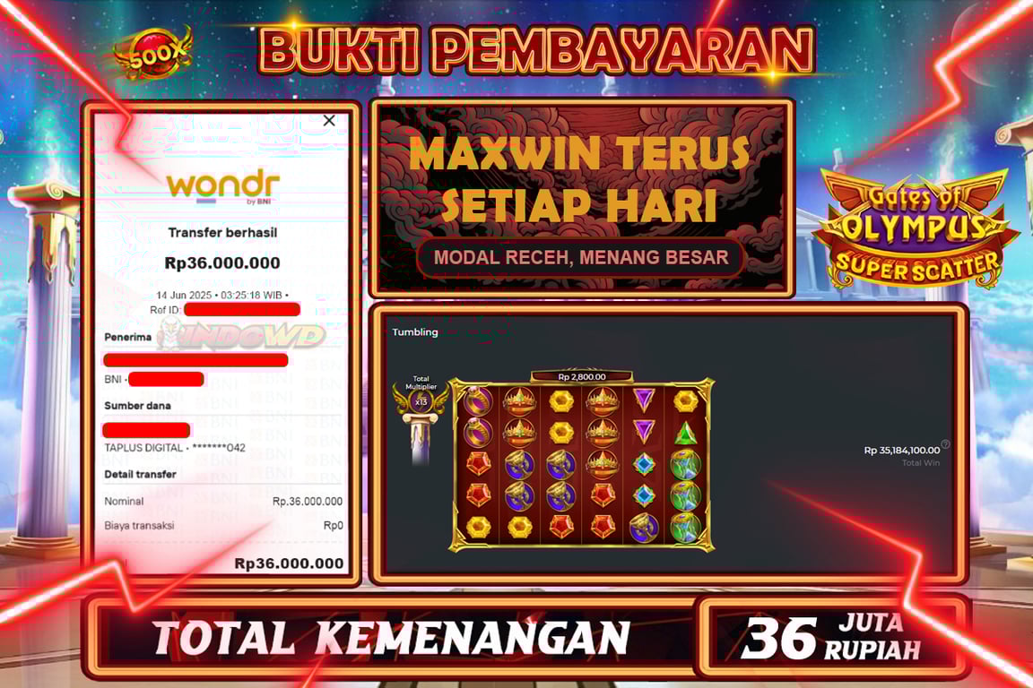 INDOWD JACKPOT SLOT GATES OF OLYMPUS SUPER SCATTER Rp36.000.000,- LUNAS