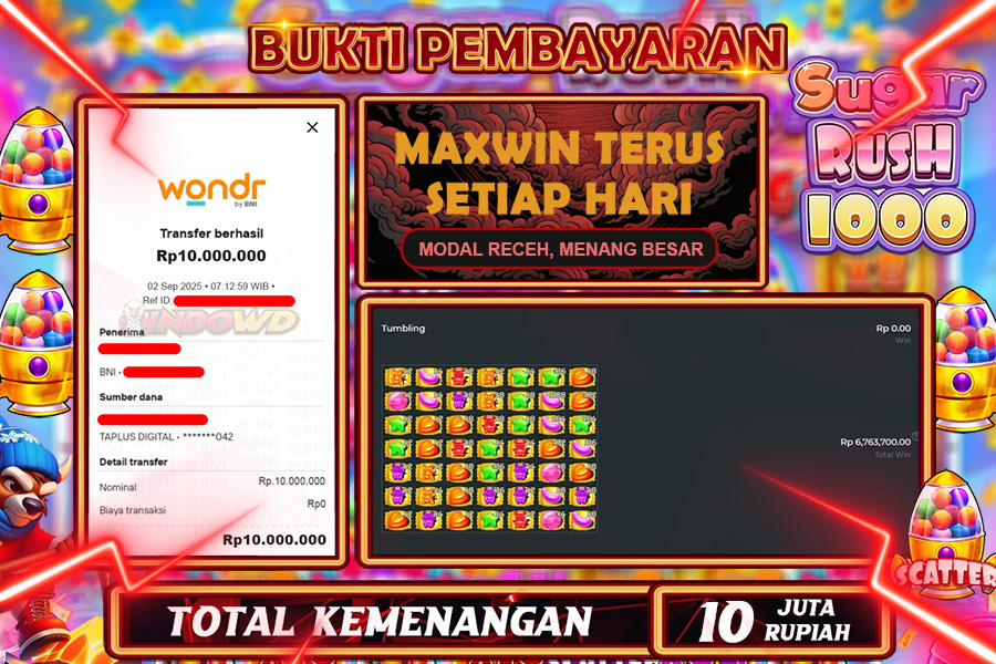 INDOWD JACKPOT SLOT SUGAR RUSH 1000 Rp10.000.000,- LUNAS