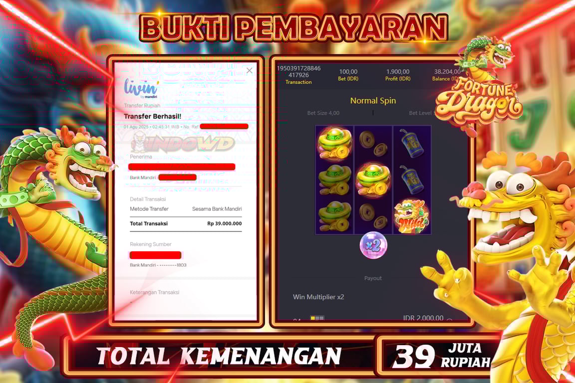 INDOWD JACKPOT SLOT FORTUNE DRAGON Rp39.000.000,- LUNAS