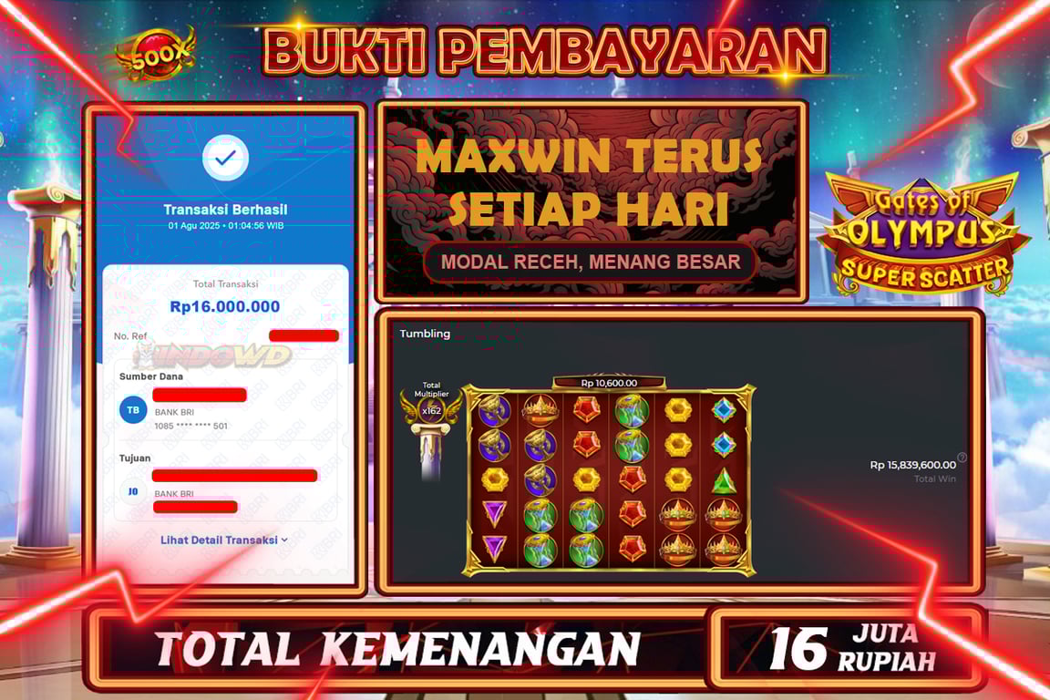 INDOWD JACKPOT SLOT GATES OF OLYMPUS SUPER SCATTER Rp16.000.000,- LUNAS