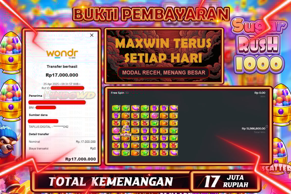 INDOWD JACKPOT SLOT SUGAR RUSH 1000 Rp17.000.000,- LUNAS