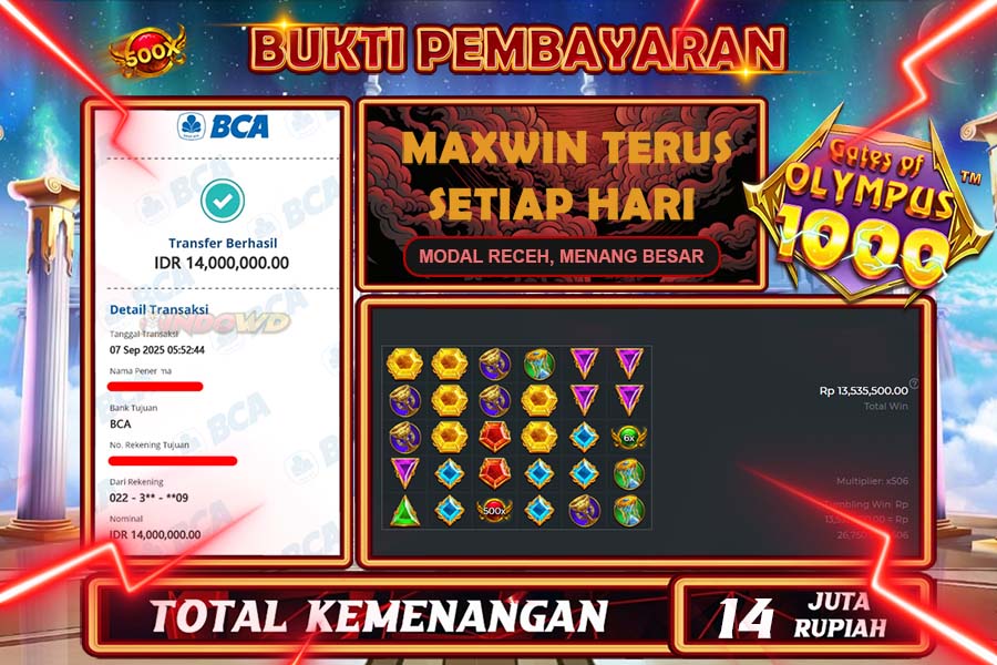 INDOWD JACKPOT SLOT GATE OF OLYMPUS 1000 Rp14.000.000,- LUNAS