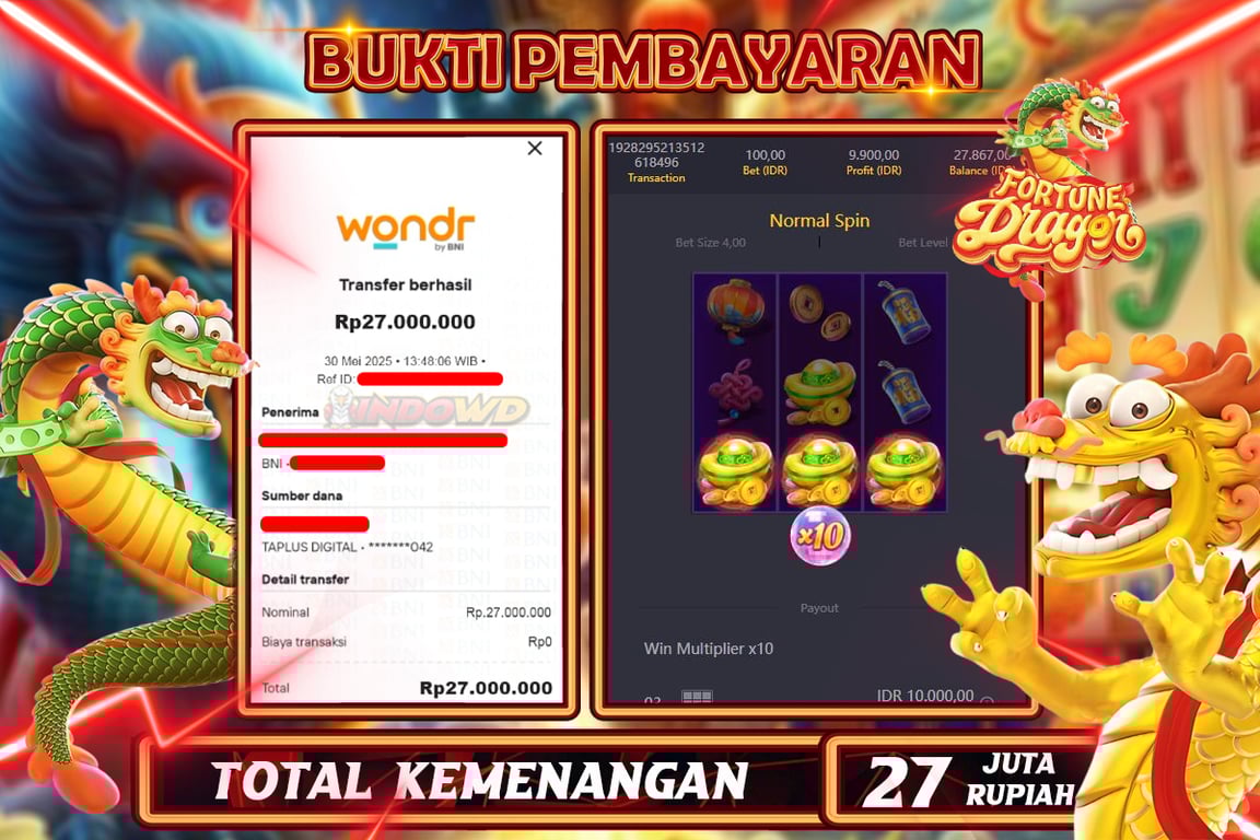 INDOWD JACKPOT SLOT FORTUNE DRAGON Rp27.000.000,- LUNAS