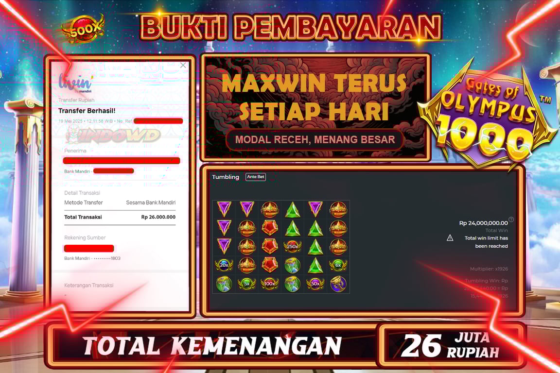 INDOWD JACKPOT SLOT GATES OF OLYMPUS 1000 Rp26.000.000,- LUNAS