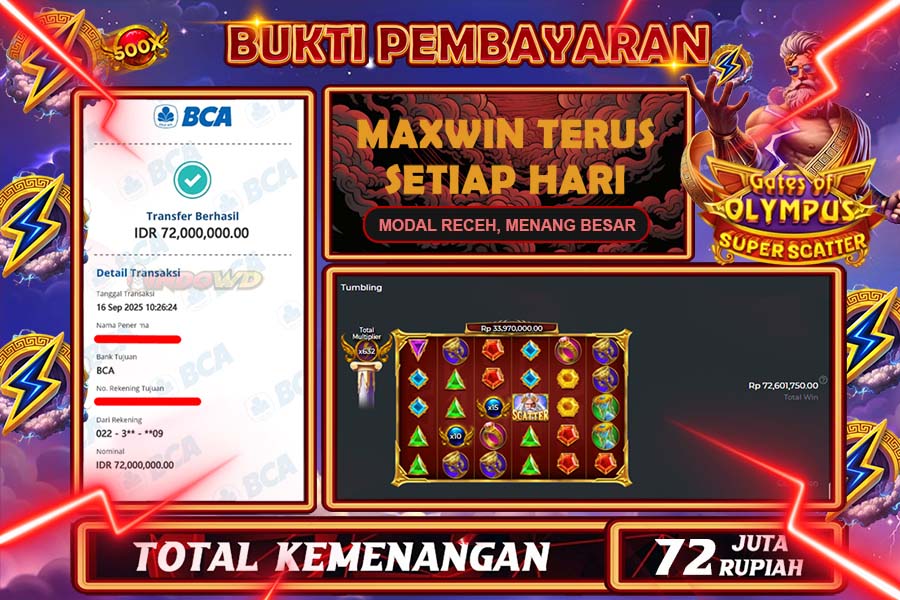 INDOWD JACKPOT SLOT GATE OF OLYMPUS SUPER SCATTER  Rp72.000.000,- LUNAS