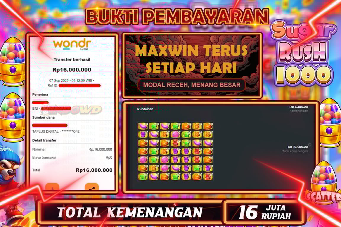 INDOWD JACKPOT SLOT SUGAR RUSH Rp16.000.000,- LUNAS