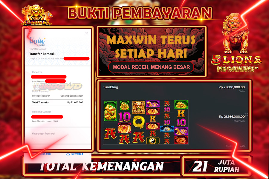 INDOWD JACKPOT SLOT 5 LIONS MEGAWAYS Rp21.000.000,- LUNAS