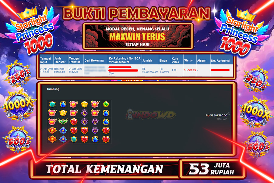 INDOWD JACKPOT SLOT STARLIGHT PRINCES 1000 Rp.53.000.000,- LUNAS