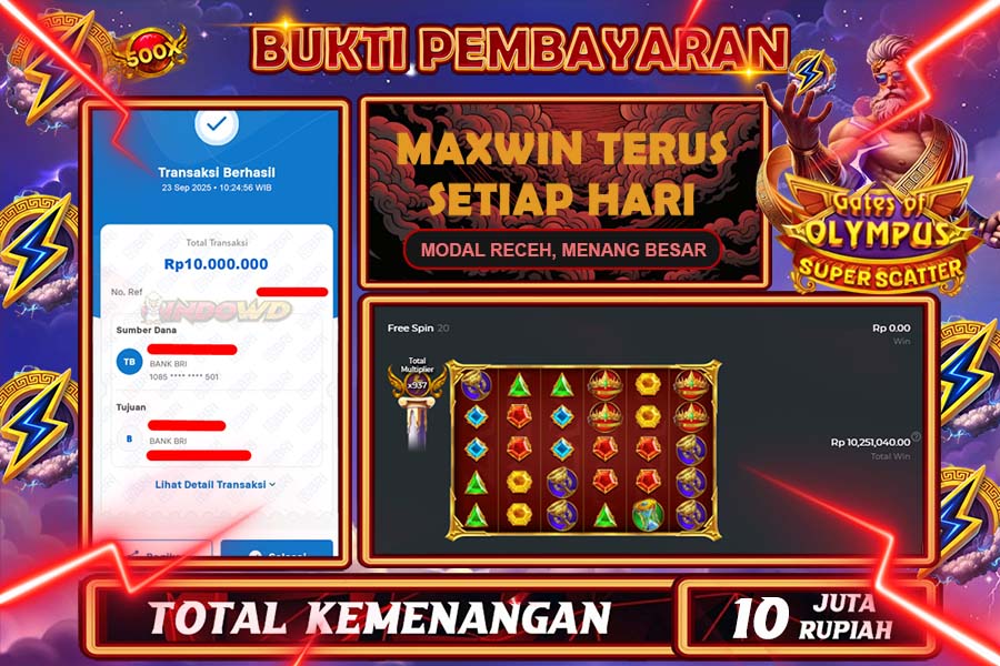 INDOWD JACKPOT SLOT GATE OF OLYMPUS SUPER SCATTER Rp10.000.000,- LUNAS