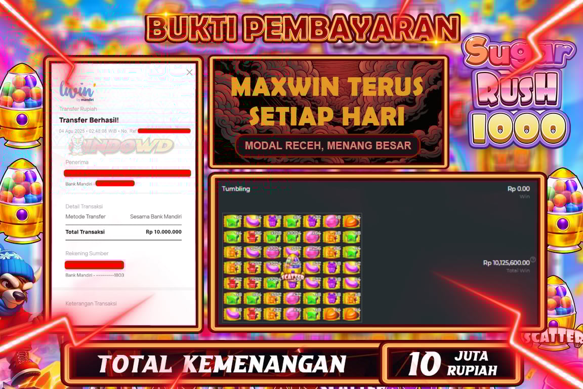 INDOWD JACKPOT SLOT SUGAR RUSH 1000 Rp10.000.000,- LUNAS