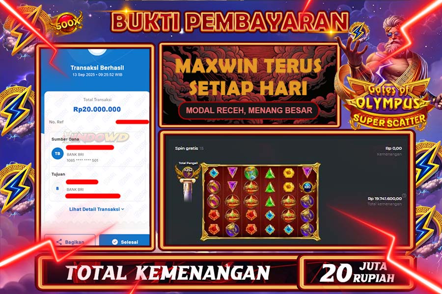 INDOWD JACKPOT SLOT GATE OF OLYMPUS SUPER SCATTER Rp20.000.000,- LUNAS