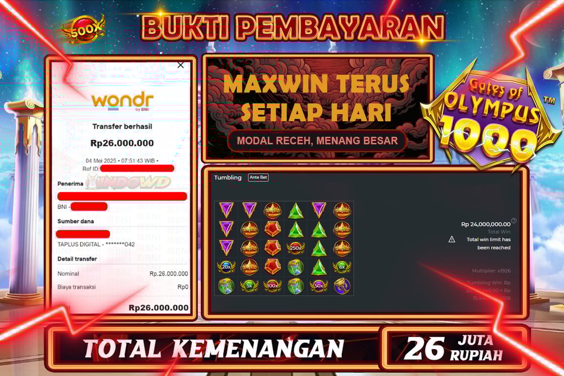 INDOWD JACKPOT SLOT GATES OF OLYMPUS 1000 Rp26.000.000,- LUNAS