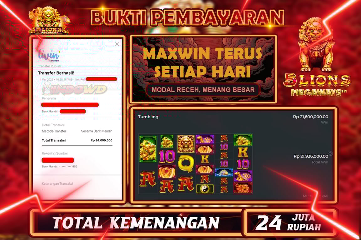 INDOWD JACKPOT SLOT 5 LIONS MEGAWAYS Rp24.000.000,- LUNAS