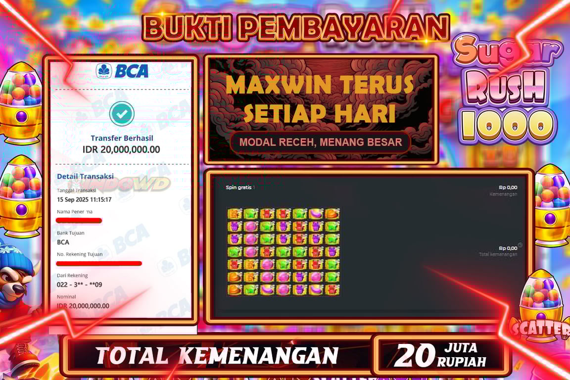 INDOWD JACKPOT SLOT SUGAR RUSH 1000 Rp20.000.000,- LUNAS