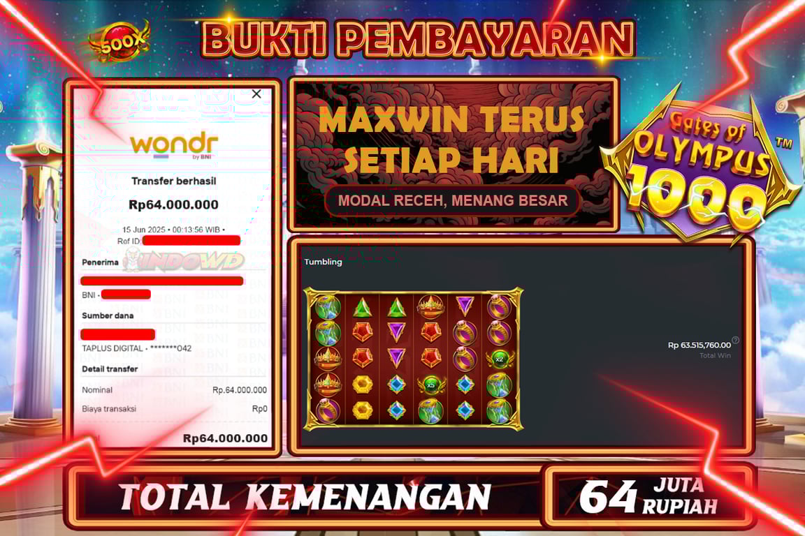 INDOWD JACKPOT SLOT GATES OF OLYMPUS 1000 Rp64.000.000,- LUNAS