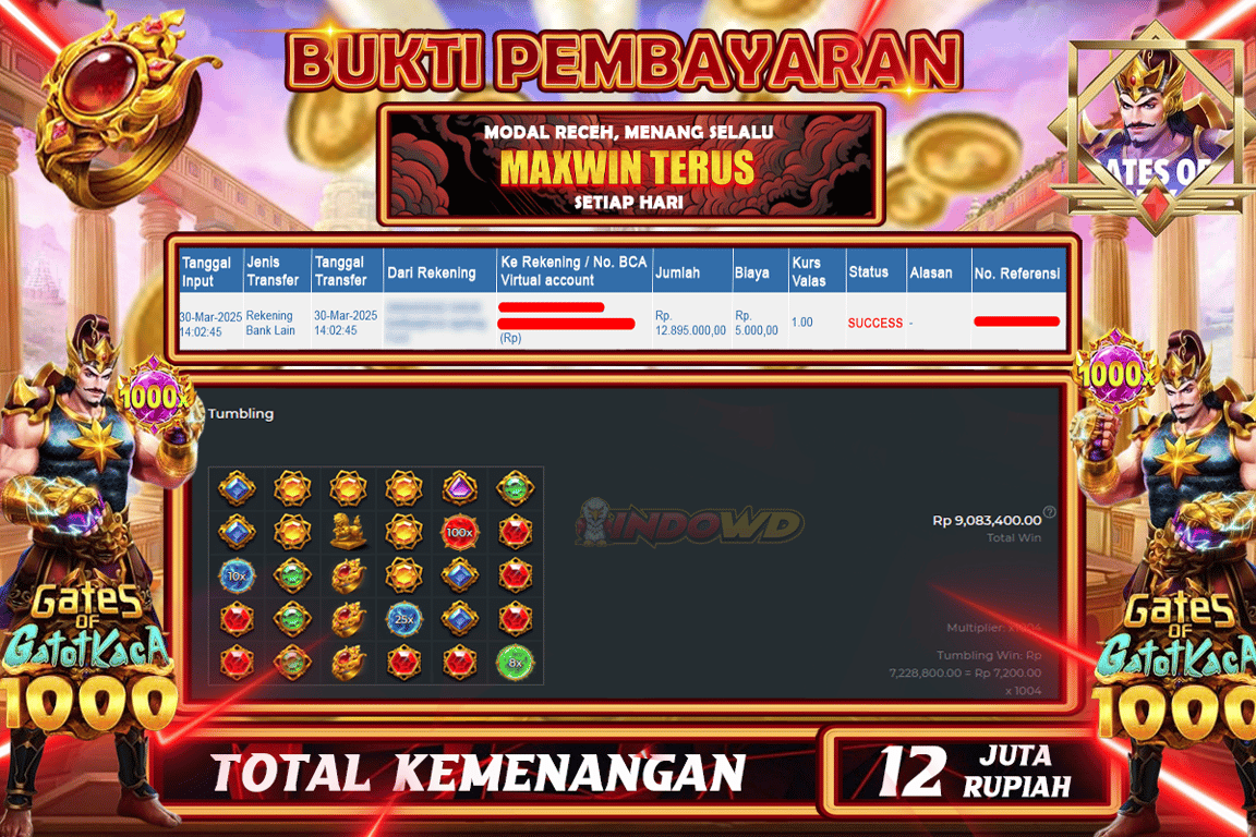 INDOWD JACKPOT SLOT GATES OF GATOTKACA 1000 Rp.12.000.000,- LUNAS