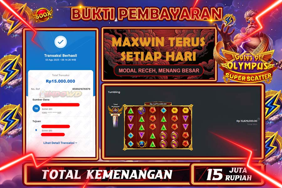 INDOWD JACKPOT SLOT GATES OF OLYMPUS SUPER Rp15.000.000,- LUNAS
