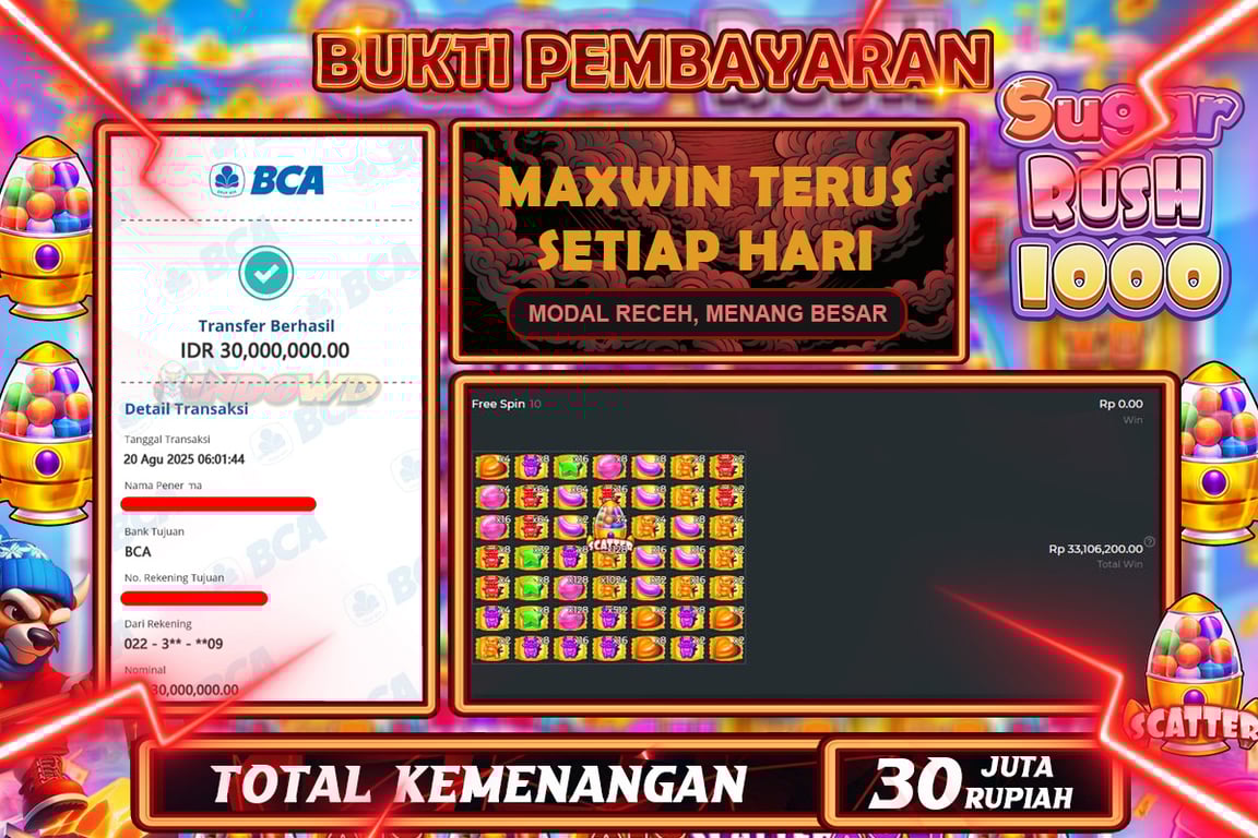 INDOWD JACKPOT SLOT SUGAR RUSH 1000 Rp30.000.000,- LUNAS