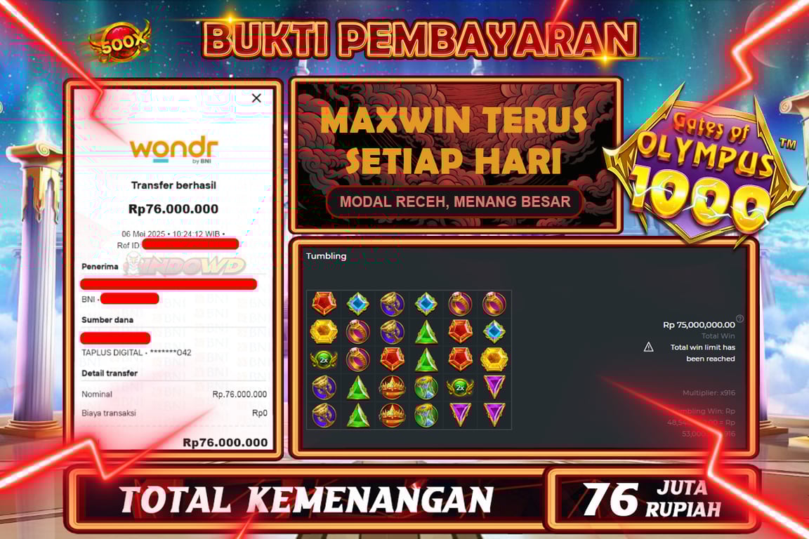INDOWD JACKPOT SLOT GATES OF OLYMPUS 1000  Rp76.000.000,- LUNAS