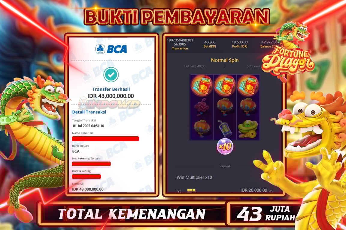 INDOWD JACKPOT SLOT FORTUNE DRAGON Rp43.000.000,- LUNAS