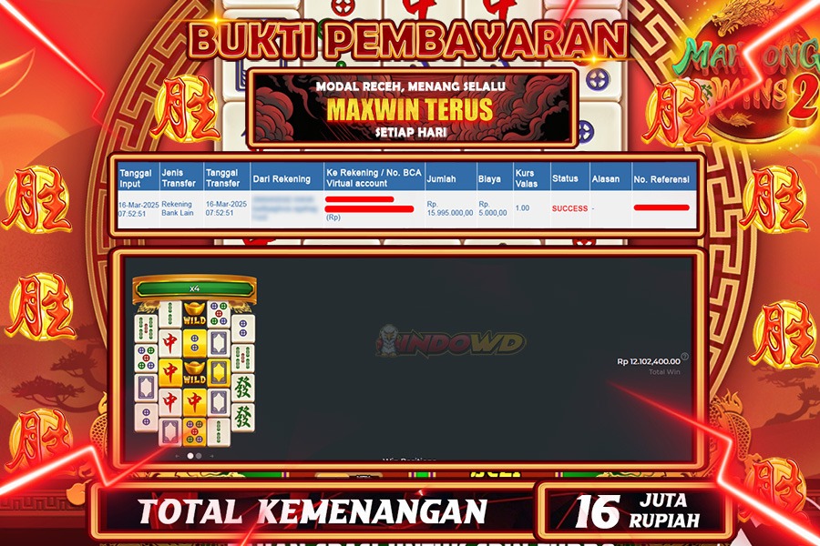 INDOWD JACKPOT SLOT MAHJONG WINS 2 Rp16.000.000,- LUNAS