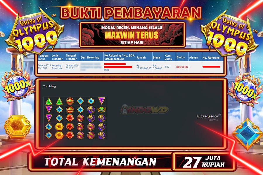 INDOWD JACKPOT SLOT GATES OF OLYMPUS 1000 Rp27.000.000,- LUNAS