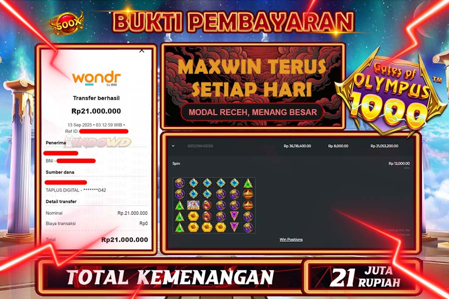 INDOWD JACKPOT SLOT GATES OF OLYMPUS 1000 Rp21.000.000,- LUNAS