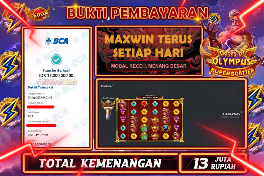 INDOWD JACKPOT SLOT GATES OF OLYMPUS SUPER Rp13.000.000,- LUNAS